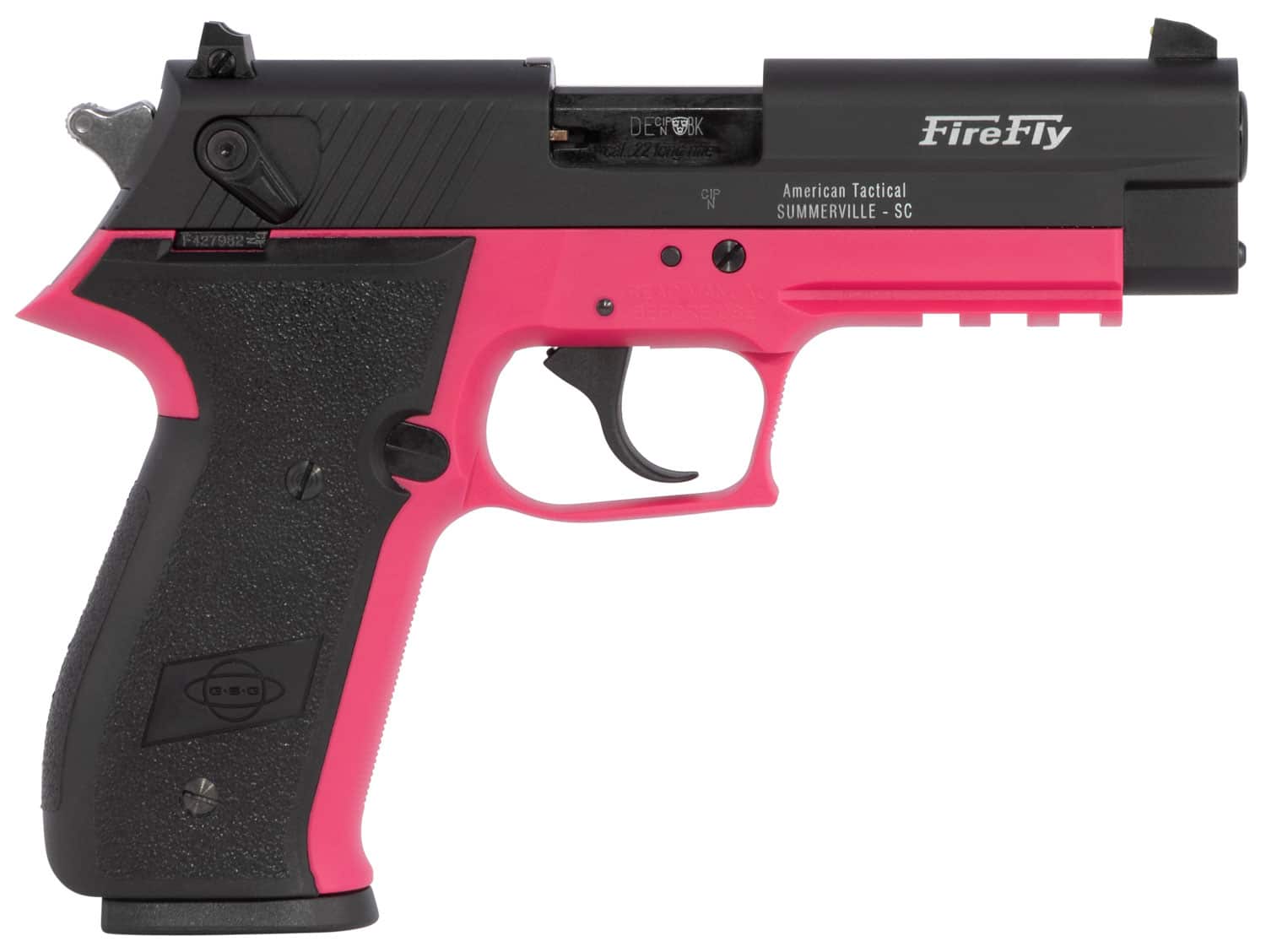 GSG GERG2210FFP FireFly 22 LR 10+1 4" Black Serrated Slide, Pink Zinc Alloy w/Accessory Rail Frame, Black Polymer Grip
