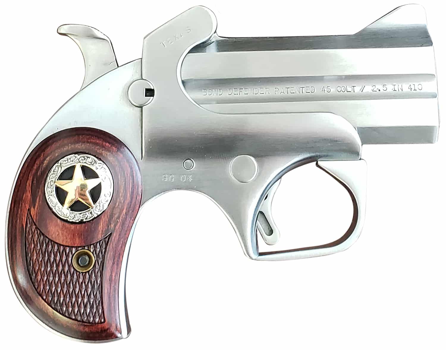 Bond Arms BARD Rustic Defender Sports South Exclusive 45 Colt (LC) Caliber or 2.50" 410 Gauge 2rd 3" Barrel, Stainless Steel Finish, Rosewood Grip w/Integrated Star, Includes Exclusive Holster Packag