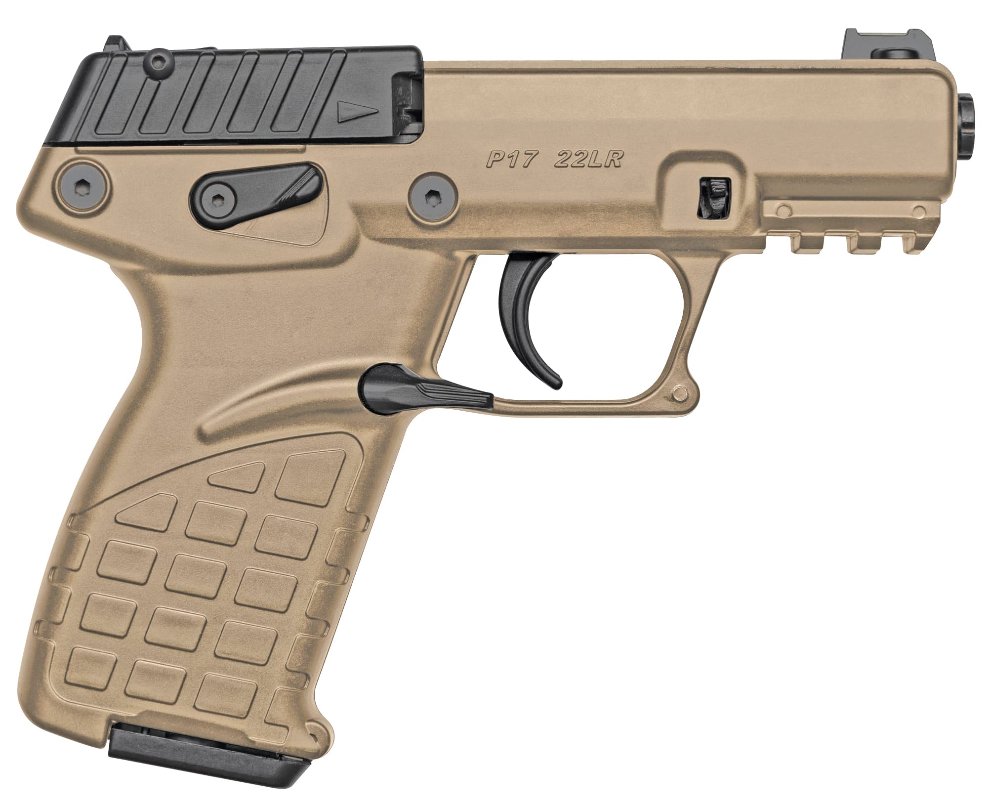 Kel-Tec P17BTAN P17 Compact Frame 22 LR 16+1 3.80" Black Steel Threaded Barrel, Tan Serrated Slide, Tan w/Black Controls Polymer Frame w/Picatinny Rail, Textured Grip, Ambidextrous