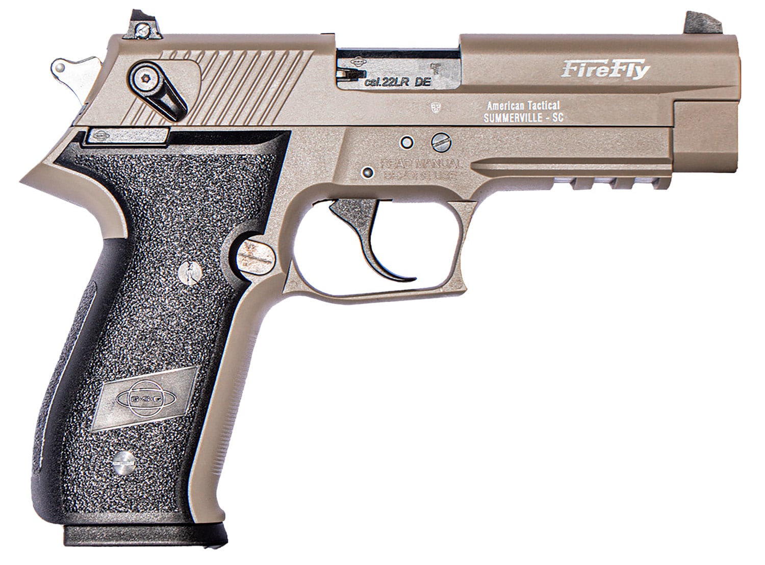 GSG GERG2210FFT FireFly 22 LR 10+1 4" Tan Steel Barrel, Serrated Slide, Zinc Alloy w/Accessory Rail Frame, Black Polymer Grip