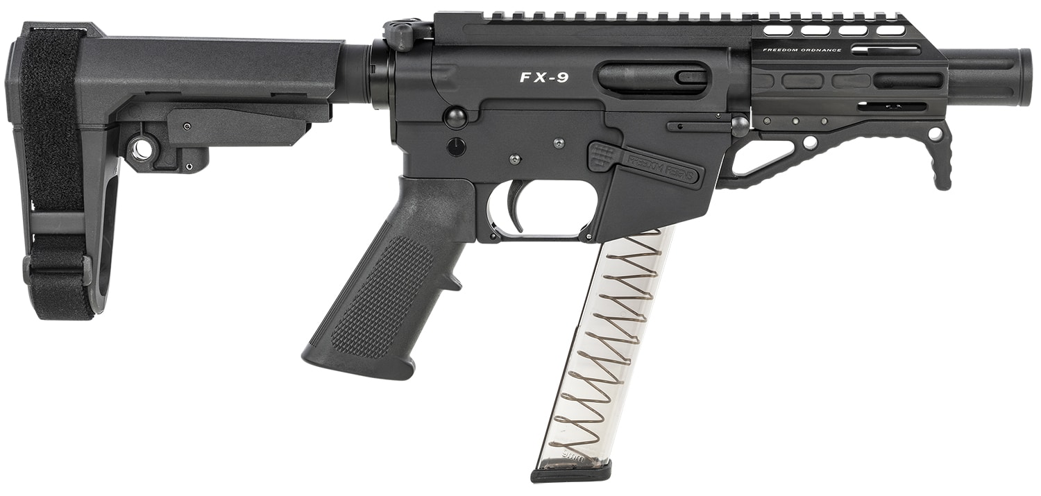 Freedom Ordnance FX9P4S FX-9 9mm Luger 31+1 4" Black Nitride Barrel w/Faux Suppressor, Black Hard Coat Anodized Aluminum Receiver, SB Tactical SBA3 Pistol Brace Stock, Black Polymer Grip