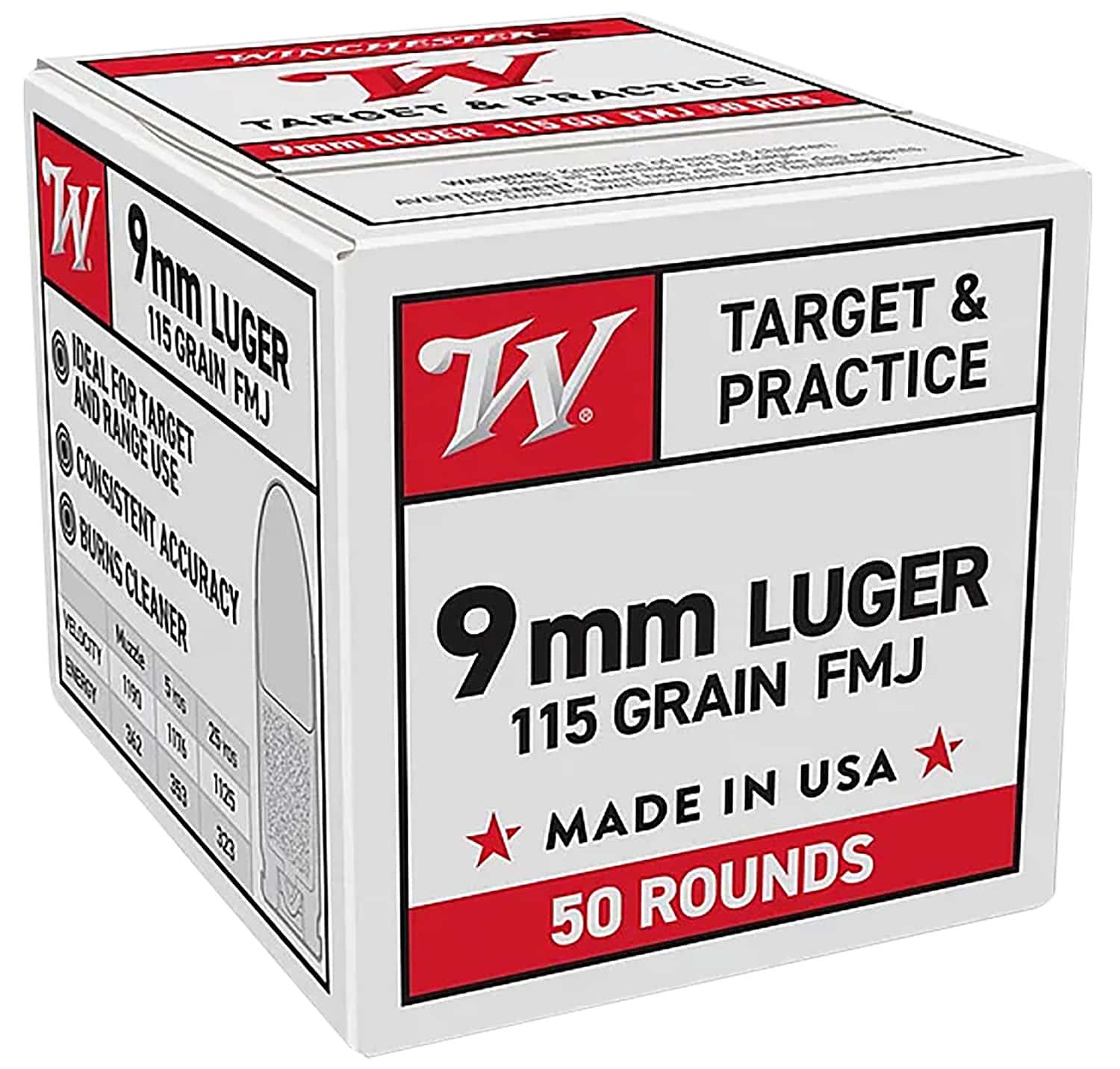 Winchester Ammo W9MM50 9mmLuger 115gr Full Metal Jacket 50 Per Box/20 Case