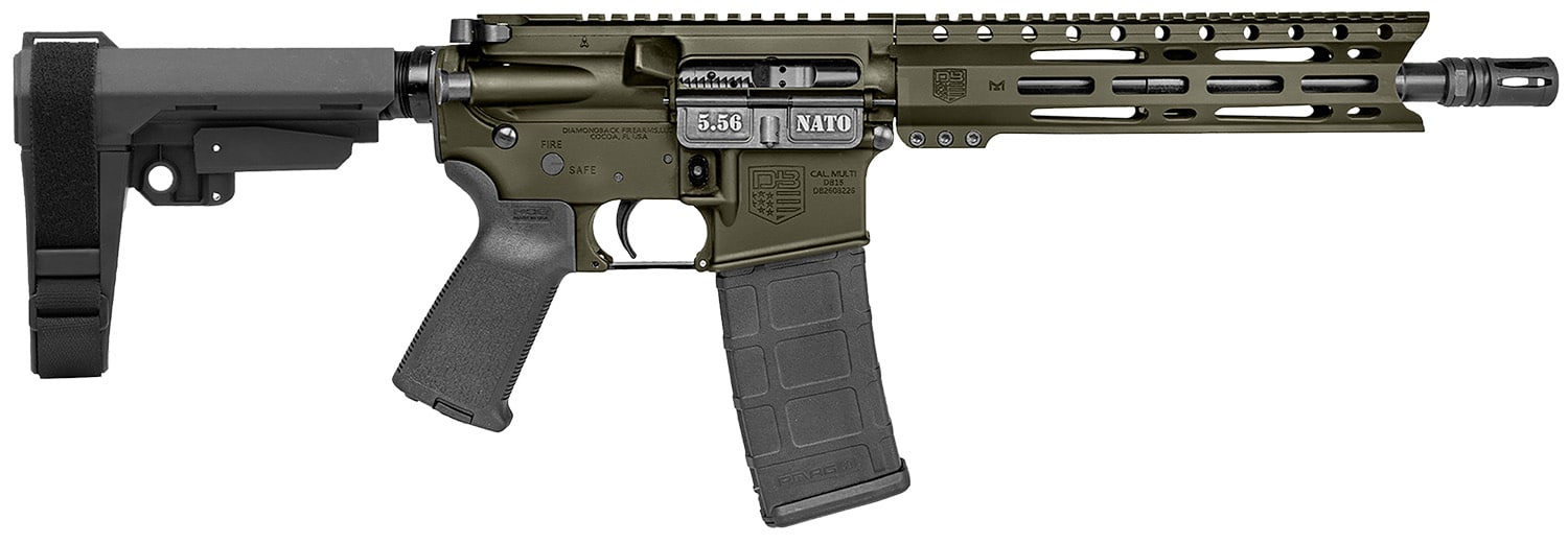 Diamondback DB1916K101 DB15 5.56 NATO 30+1 10" Black Nitride Heavy Threaded Barrel, OD Green Cerakote Picatinny Rail Aluminum Receiver, 9" M-LOK Handguard SB Tactical Brace & Black Magpul MOE Grip