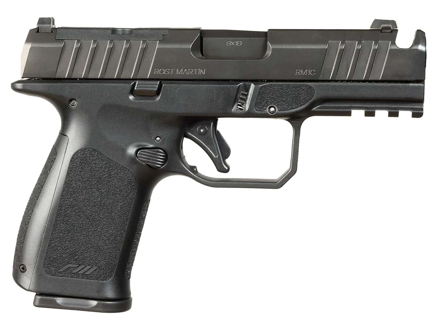 Rost Martin RM1CBLKOSP(COMP) RM1C 9mm Luger 17+1 4" Black Compensated Match Grade Barrel, Black Tenifer Optic Ready/Serrated Steel Slide, Black Polymer Frame w/Picatinny Rail, Textured Grip