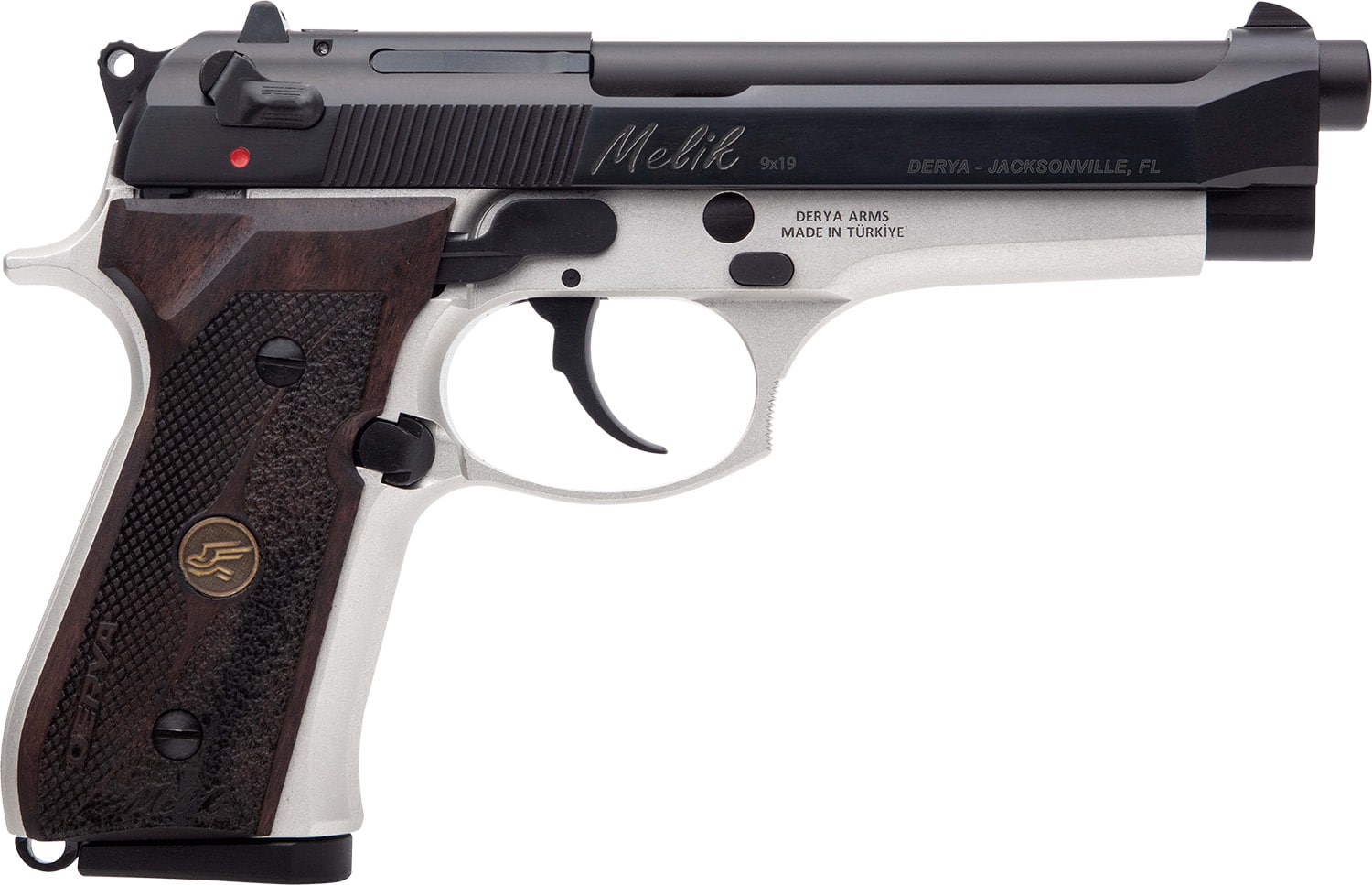Derya Firearms MELIK9TTTR Melik 9mm Luger 17+1 4.90" Black Melonite Steel Barrel, Black Melonite Serrated Steel Slide, Silver Anodized Aluminum Frame, Dark Walnut Grip