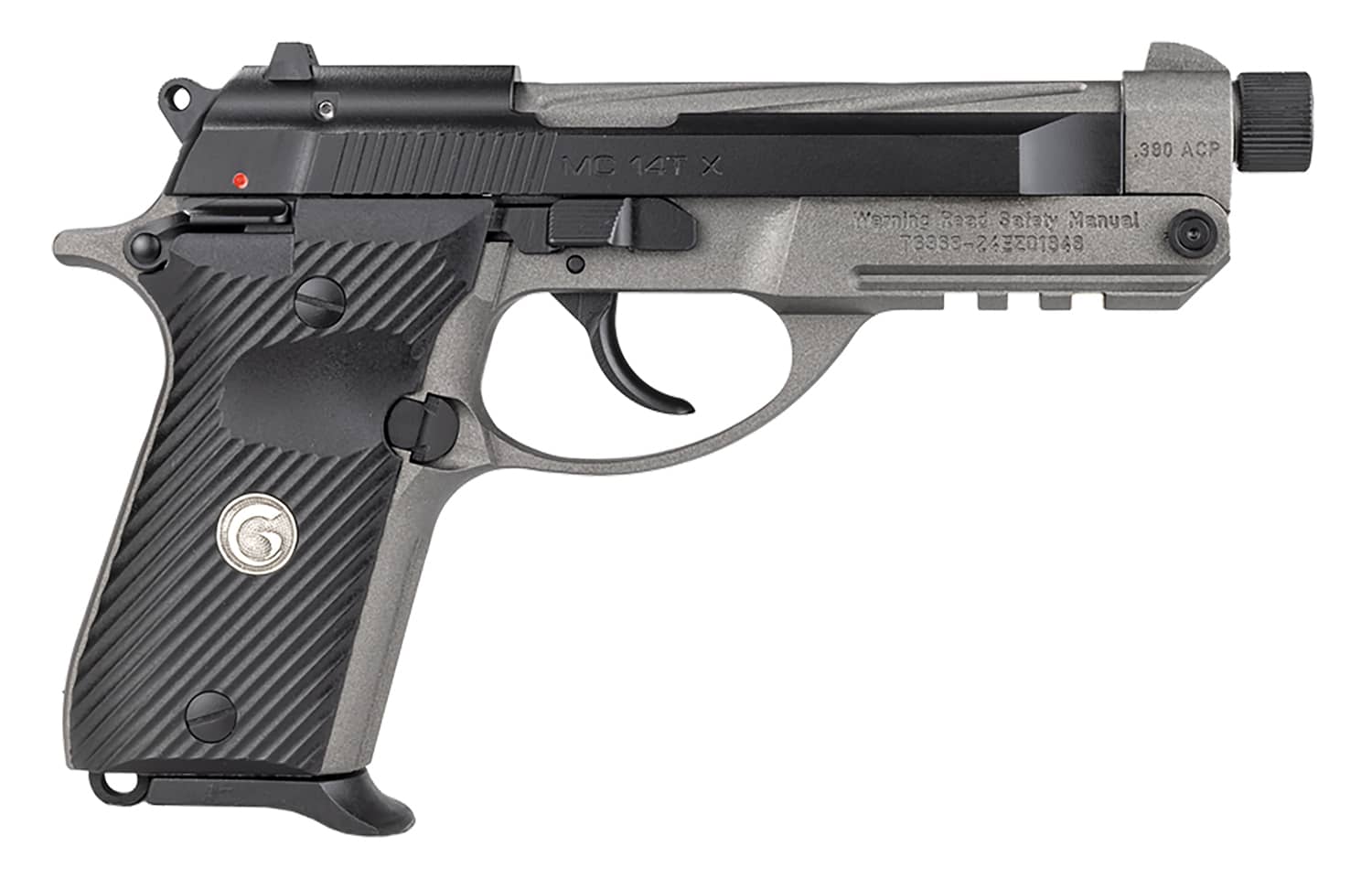 Girsan 390890 MC 14TX 380 ACP 13+1 4.90" Tungsten Cerakote Spiral Fluted Threaded Tip-Up Barrel, Matte Black Serrated Steel Slide, Tungsten Cerakote Aluminum Frame w/Picatinny Rail, Black G10 Grip