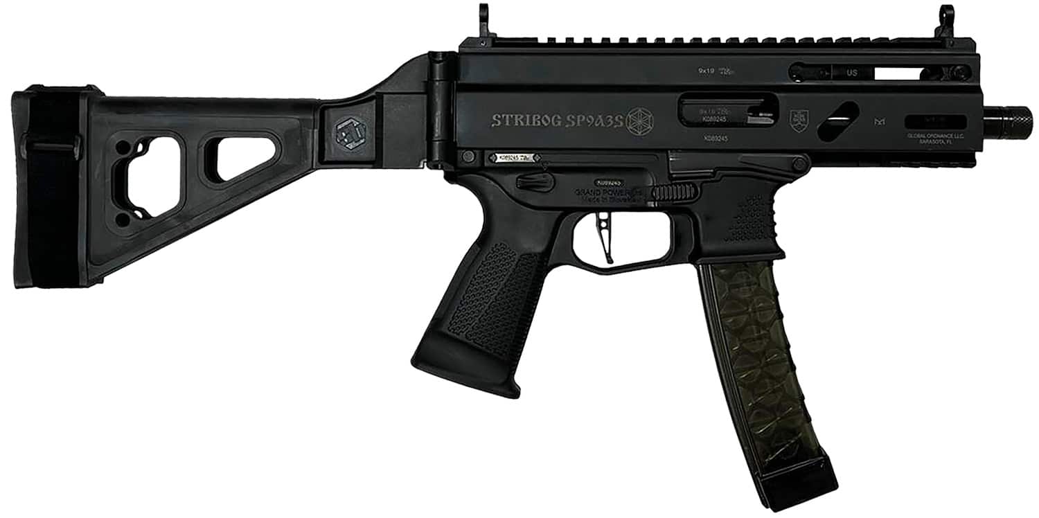 Grand Power 810091152836 Stribog SP9A35S 9mm Luger 30+1 8" Black Picatinny Rail Receiver, SB Tactical Brace, Black Polymer Grip