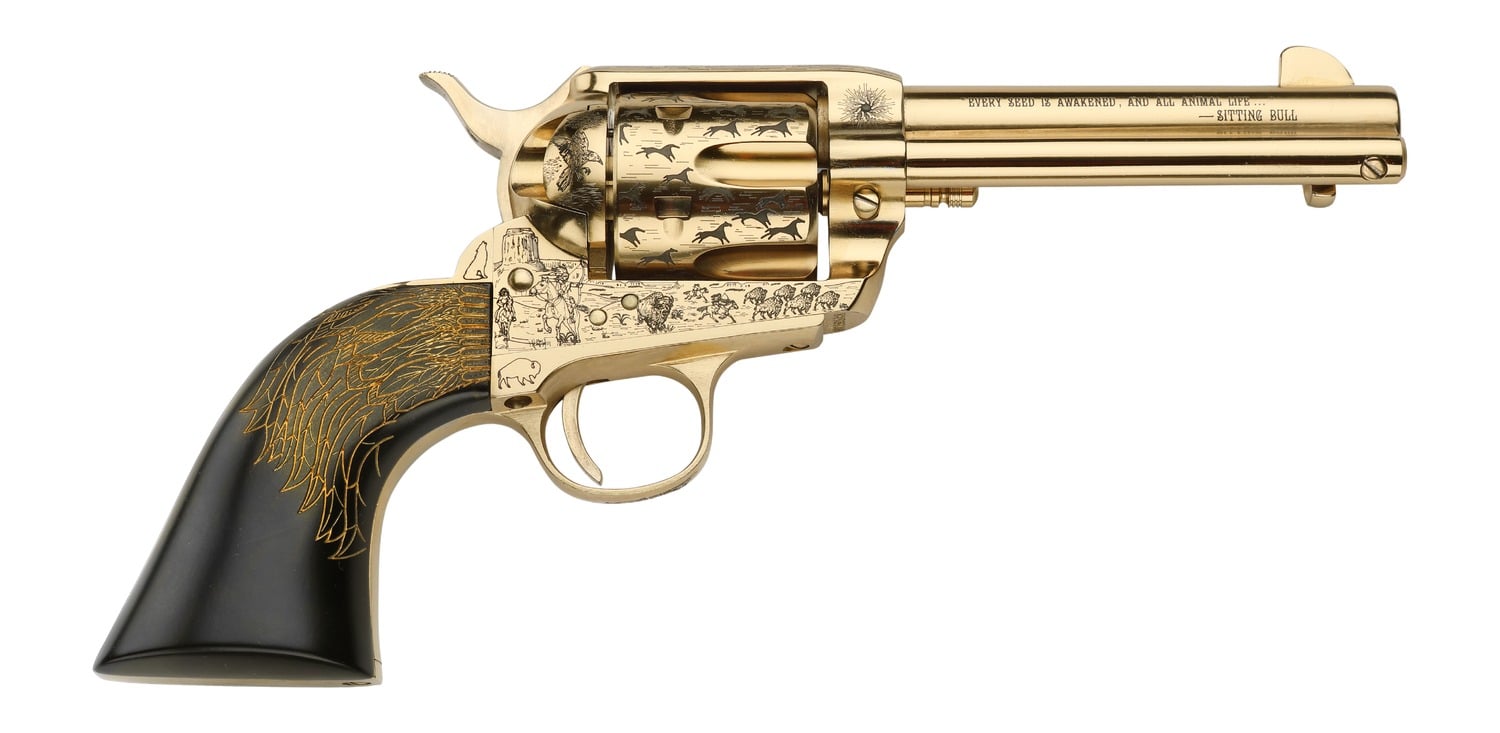 Pietta PFI45KOP434EP Keeper Of The Plains 45 Colt (Long Colt) 6 Shot 4.75" Ultra Black Engraved w/Eagle Feather Grip