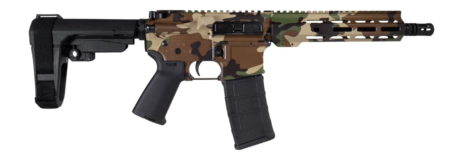 Shark Coast Tactical SCC07206M81-P Woodland Camo 5.56 NATO 30+1 Black Nitride Threaded Barrel, Aluminum Receiver w/Picatinny Rail, M-LOK Handguard, Polymer SB Tactical SBA3 Brace, Magpul MOE Grip, Rig