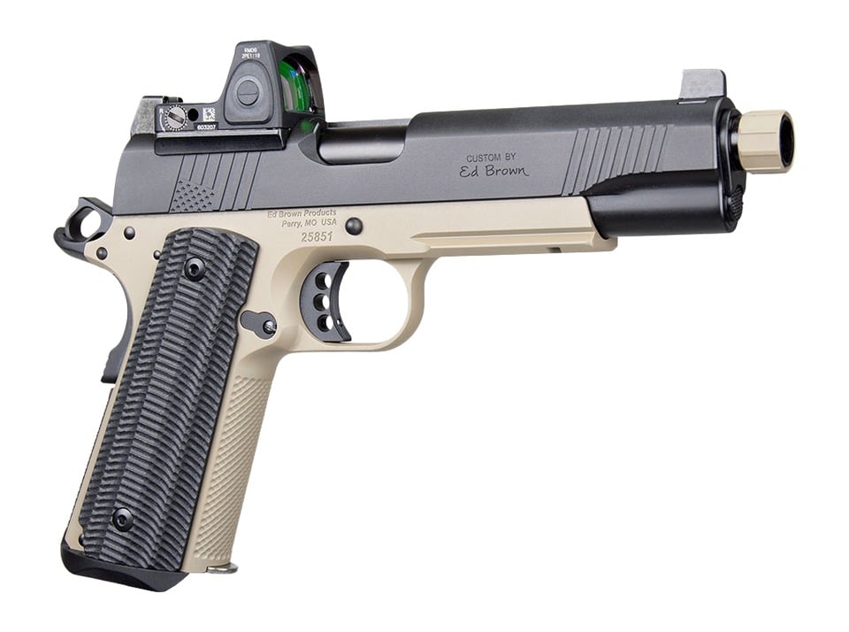 Ed Brown SFSOCM SOCOM Gen4 45 ACP 8+1 5" Black Nitride Threaded Barrel, Black Gen4 Serrated w/Optic Slide, Flat Dark Earth Steel Frame w/Accessory Rail, VZ Alien Grip, Trijicon RMR 3.25 MOA Red Dot Si
