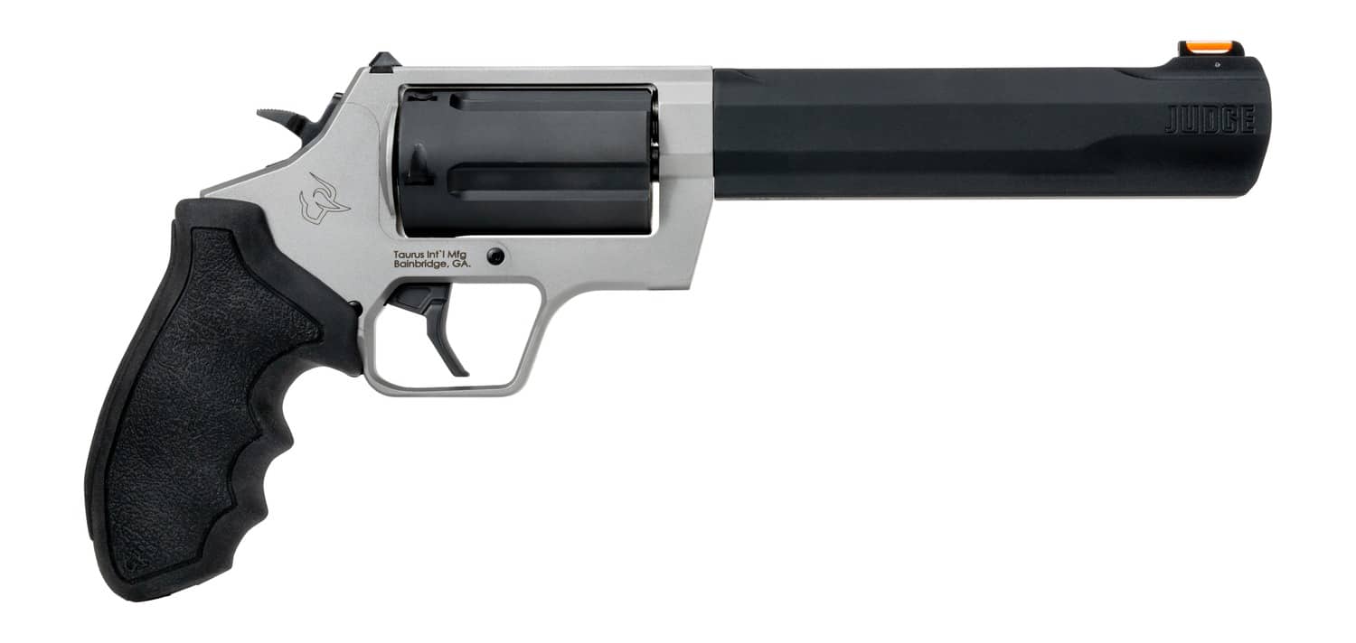 Taurus 2-JUDGE65 Judge 45 Long Colt/410 Gauge 5 Shot 6.50" Stainless Steel Barrel & Frame, Black Stainless Steel Cylinder, Black Rubber Grip, Transfer Bar Safety