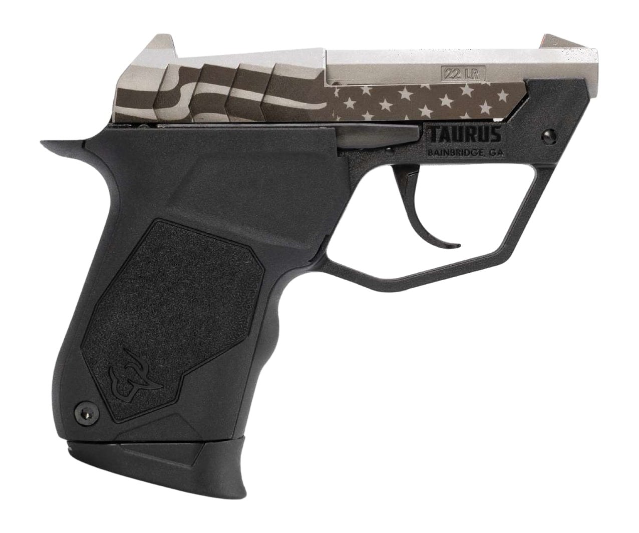 Taurus 1-22TUC139-USFLAG 22TUC Micro-Compact Frame 22 LR 9+1 2.50" Stainless Tip-Up Barrel, Custom Engraved Serrated Slide, Black Polymer Frame