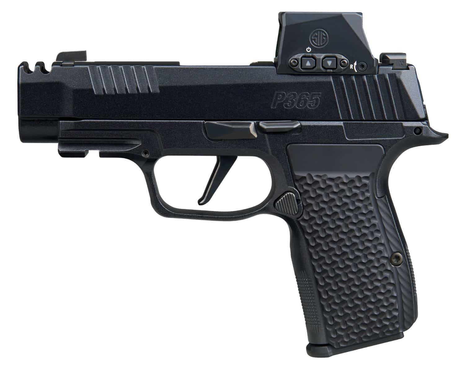 Sig Sauer P365 AXG LUXE w/Optic Micro-Compact 380 ACP 12+1 3.10" Black Barrel, Black Pearlescent Cerakote Stainless Steel Integrated Compensator/Optic Ready/Serrated Slide, Black Frame w/Picatinny Ra
