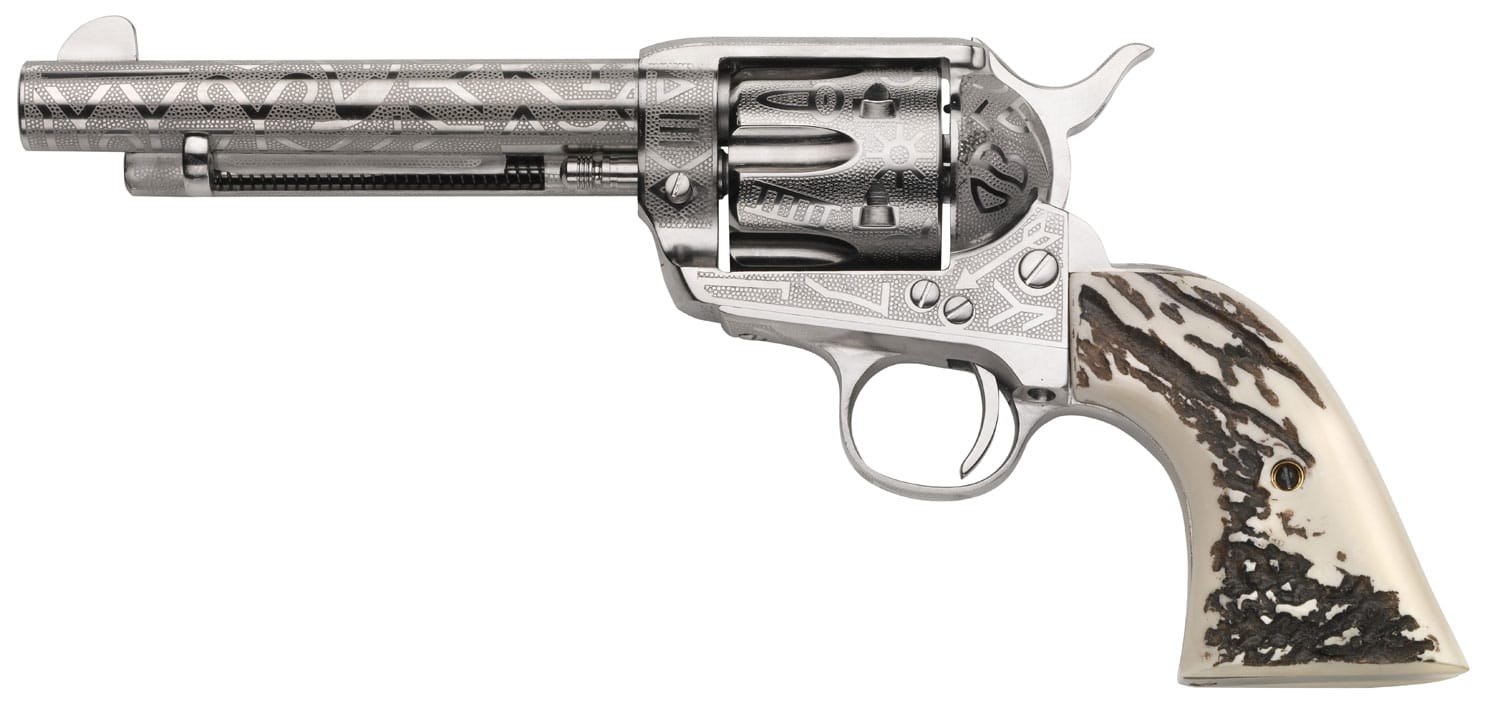 Taylors & Company OG1407 1873 Cattle Brand 357 Mag 6rd 5.50" Nickel Engraved Imitation Stag Grip