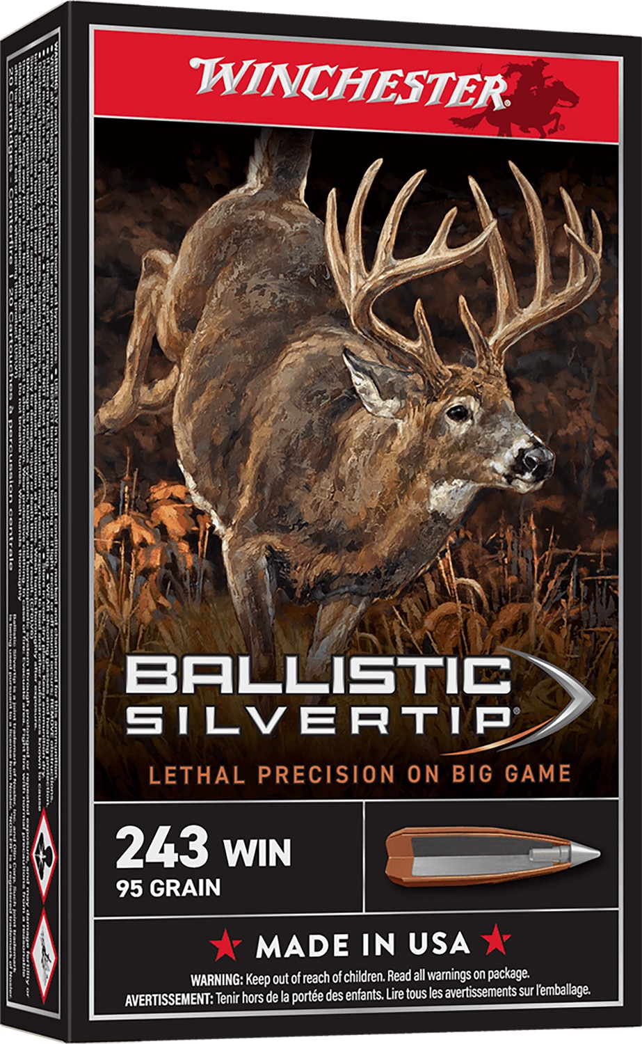 Winchester Ammo SBST243A Ballistic Silvertip 243Win 95gr Rapid Controlled Expansion Polymer Tip 20 Per Box/10 Case