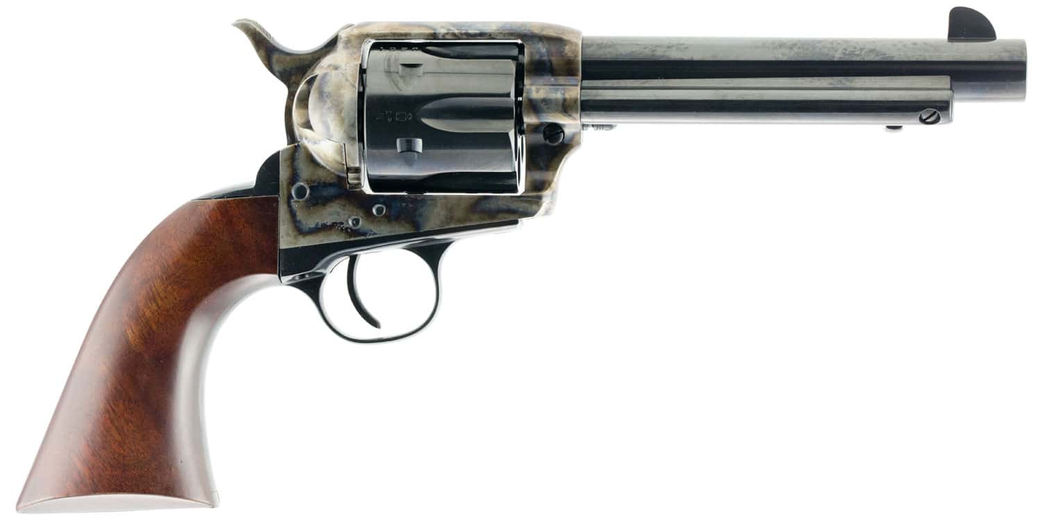 Taylors & Company 550857 1873 Gunfighter 357 Mag Caliber with 5.50" Blued Finish Barrel, 6rd Capacity Blued Finish Cylinder, Color Case Hardened Finish Steel Frame & Walnut Army Size Grip