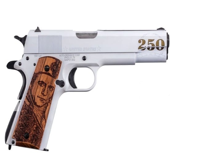1911 Navy 250th, "Salute to Service", .45 ACP, 5", White, Black, Gold, Eng HW Grips, 7-rd