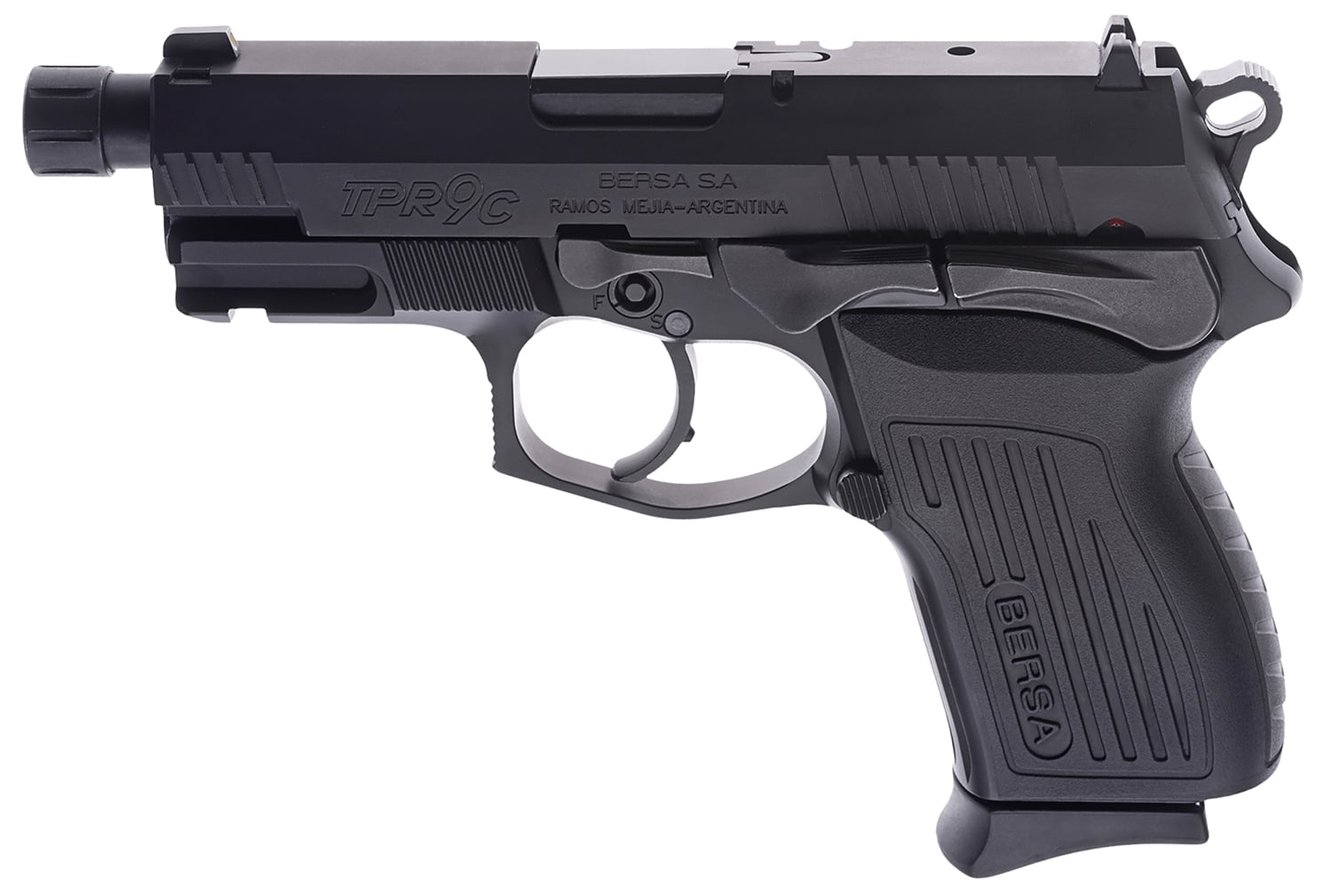 Bersa TPR9CMX TPRCX Compact Frame 9mm Luger 13+1, 4.10" Black Steel Threaded Barrel, Matte Black Serrated Steel Slide & Aluminum Frame w/Beavertail, Ambidextrous