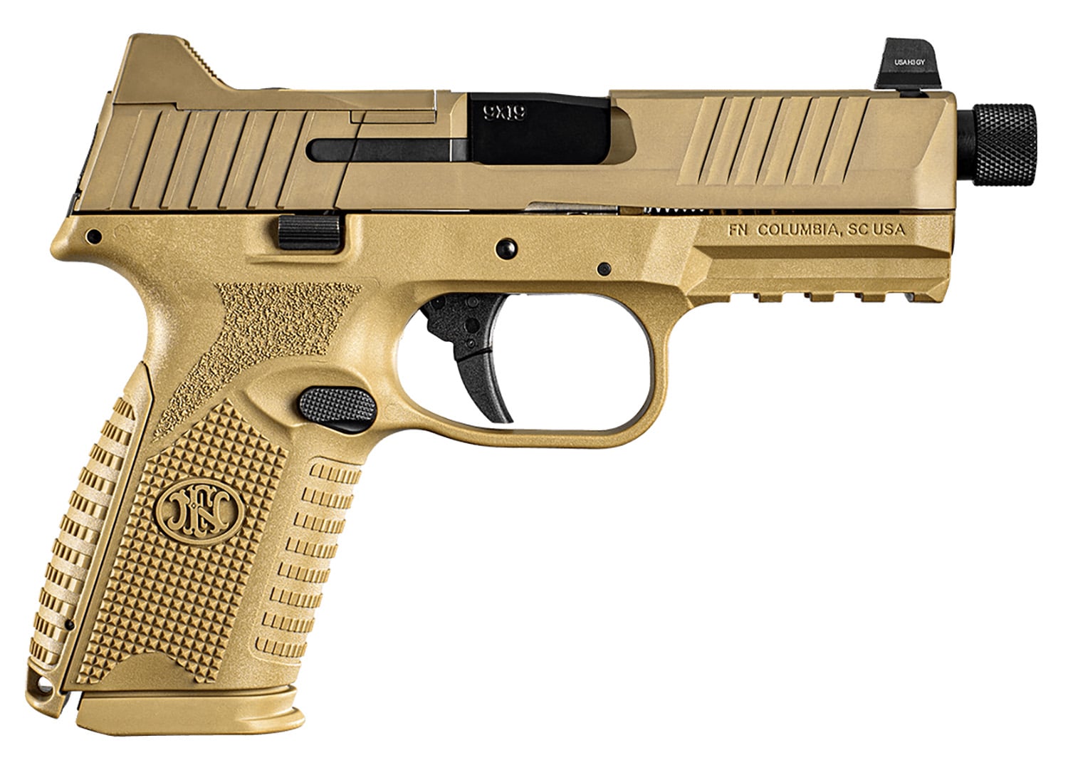 FN 66100746 509MT 9mm Luger 10+1, 4.50" Black Target Crown/Threaded Steel Barrel, Flat Dark Earth Optic Cut/Serrated Steel Slide, Flat Dark Earth Polymer Frame w/Picatinny Rail, Ambidextrous