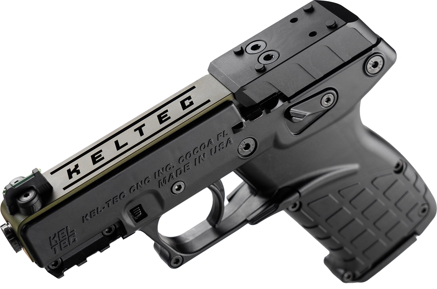 Kel-Tec P17BBLKORGRNS P17 Sports South Exclusive 22 LR 16+1 3.80" Black Steel Barrel, OD Green Optic Ready/Serrated Slide, Black Polymer Frame w/Picatinny Rail, Textured Grip