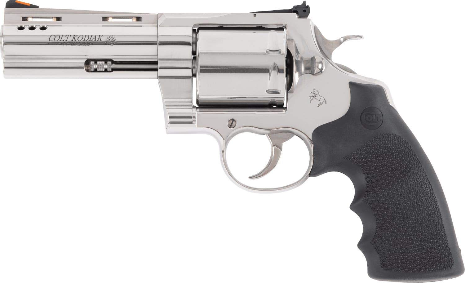 Colt Mfg KODIAKSP4RTS Kodiak 44 Mag 6rd 4.25" Polished Ported Vent Rib Barrel & Cylinder, Recessed Target Crown Muzzle, Polished Stainless Steel Frame, Black Hogue Overmolded Grip, Exposed Hammer