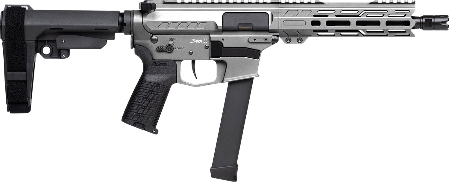 CMMG 99A520FTNG Banshee FE MkGs 9mm Luger 33+1 8" Black Nitride Threaded Barrel, M-LOK Handguard, Tungsten Cerakote Aluminum Receiver w/Picatinny Rail, Black Polymer CMMG RipBrace, CMMG Zeroed Grip