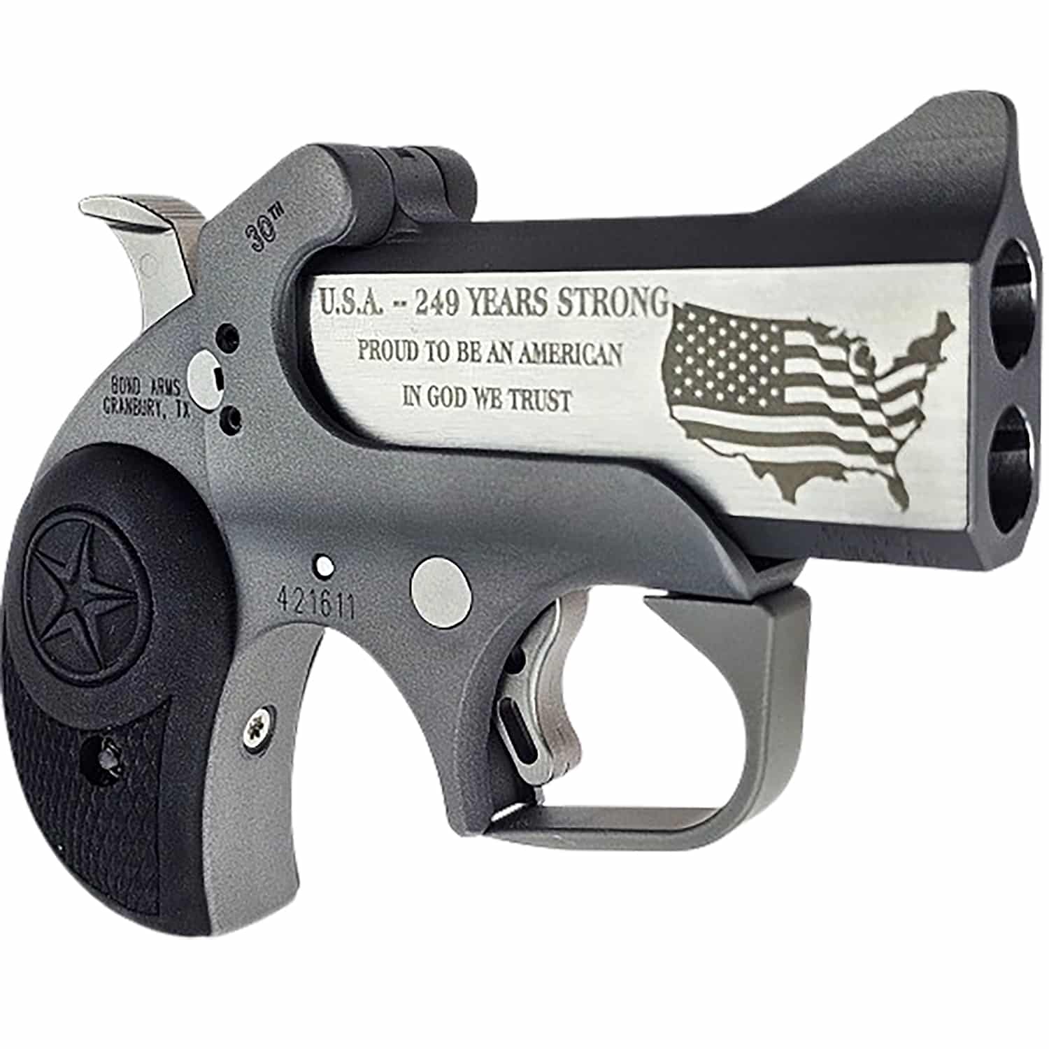 Bond Arms BA30TH-45LC/410 30th Anniversary Rough Series 45 Colt/410 Gauge 2 Shot 3" Engraved Matte Double Barrel Rough Matte Stainless Steel Frame Black Rubber Grips Right Hand