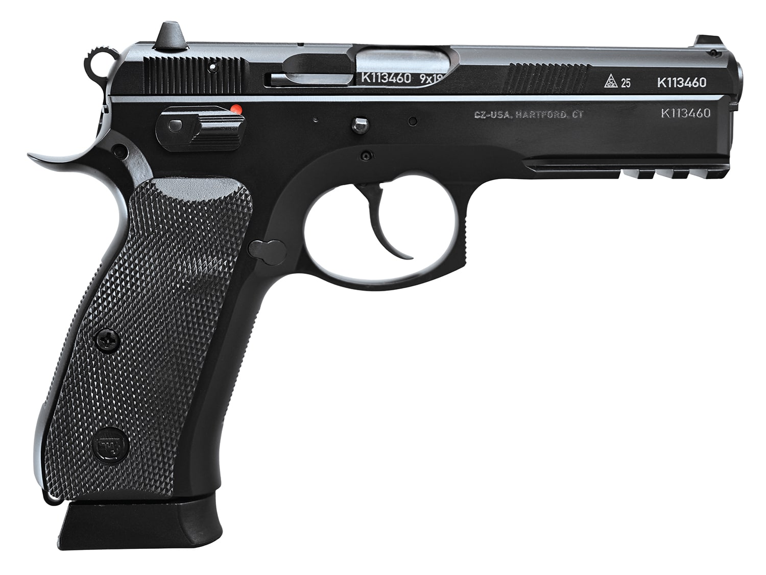 CZ-USA 75 SP-01 50th Anniversary Elite 9mm Luger 19+1 4.60" Black Steel Barrel & 50th Anniversary Engraved/Serrated Slide, Black Polycoat Steel Frame w/Picatinny Rail & Beavertail, Black Rubber Grip