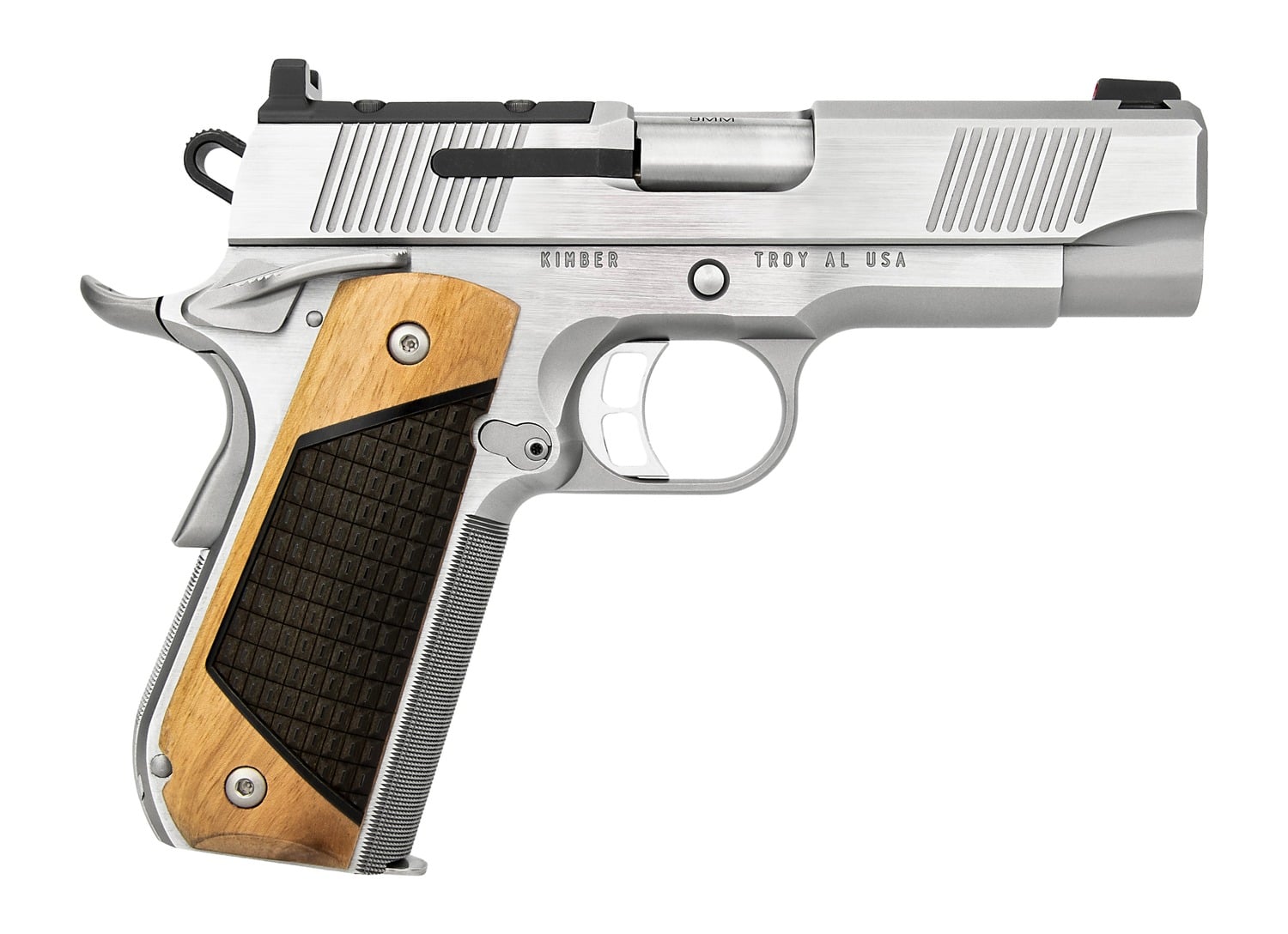 Kimber Mfg, Inc 3500405 Next Generation Pro 9mm Luger 9+1 4" Stainless Crowned Bull Barrel, Matte Stainless Steel Optic Ready/Serrated Slide, Matte Stainless Steel Frame w/Beavertail, Black Walnut w/G