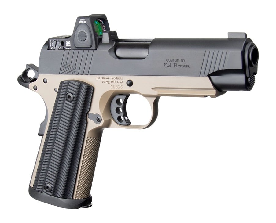 Ed Brown Special Forces Commander SOCOM w/Optic 45 ACP 7+1 4.25" Black Nitride Barrel, Black Gen4 Stainless Steel Serrated w/Optic Slide, Flat Dark Earth Gen4 Stainless Steel Frame w/Accessory Rail,