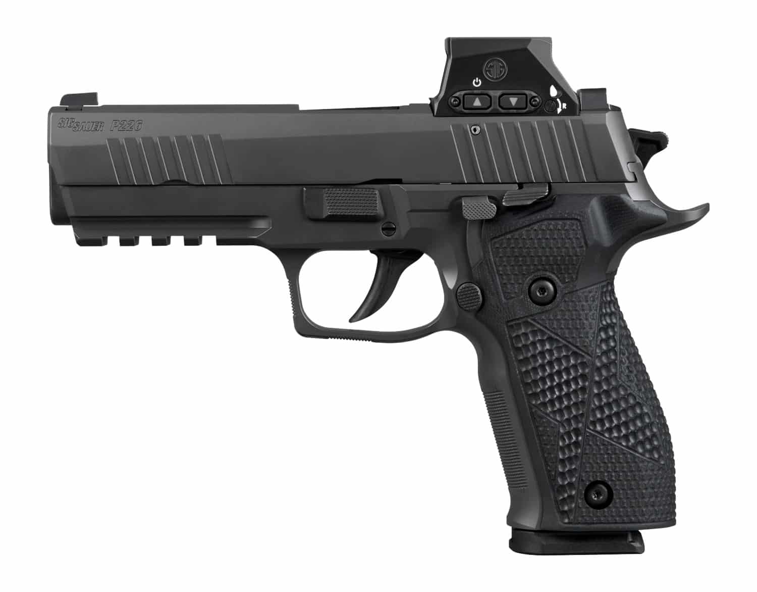 Sig Sauer 226X9RXSL P226 w/Optic Full Size 9mm Luger 18+1 4.40" Black Bull Barrel, Matte Black DLC Stainless Steel Serrated w/Optic Slide, Black Anodized Alloy Frame w/Picatinny Rail, Black Hogue G10