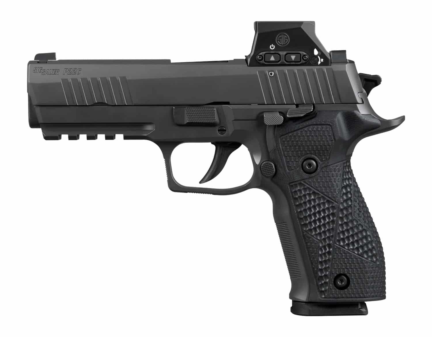 Sig Sauer 226X9RXSL10 P226 w/Optic Full Size 9mm Luger 10+1 4.40" Black Bull Barrel. Matte Black DLC Stainless Steel Serrated w/Optic Slide. Black Anodized Alloy Frame w/Picatinny Rail. Black Hogue G1