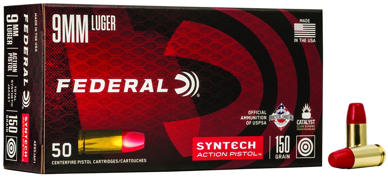 Federal AE9SJAP1 American Eagle Syntech Action Pistol 9mmLuger 150gr Total Syntech Jacket Flat Nose 50 Per Box/10 Case