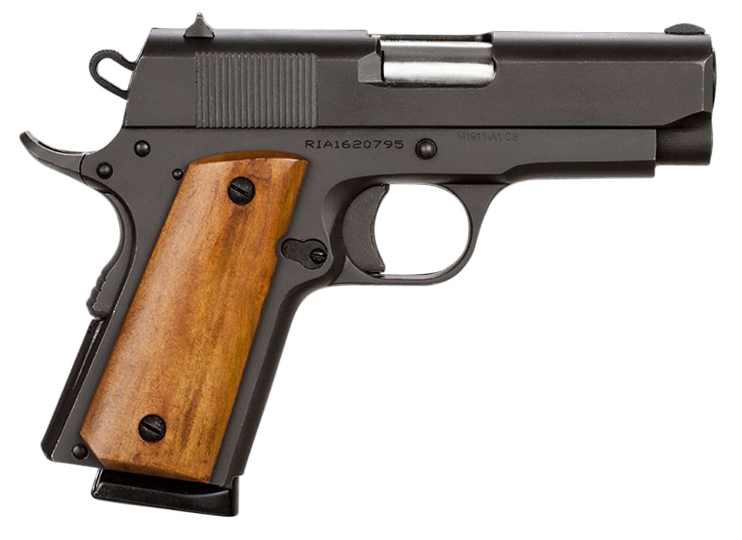 Rock Island 51416 GI Standard CS *CA Compliant 45 ACP 7+1 3.50" Stainless Bull Barrel, Black Parkerized Serrated Steel Slide, Black Parkerized Steel Frame w/Beavertail, Wood Grip, Right Hand