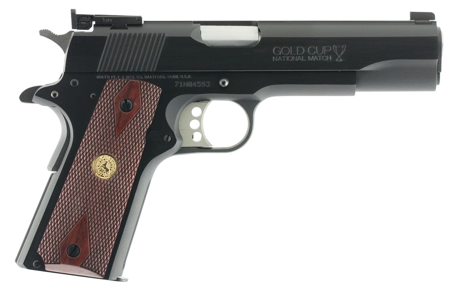Colt Mfg O5870A1 Gold Cup Natonal Match 45 ACP 8+1 5" Stainless National Match Barrel, Blued Serrated Carbon Steel Slide & Frame w/Beavertail, Walnut w/Integrated Gold Medallion Grip, Ambidextrous