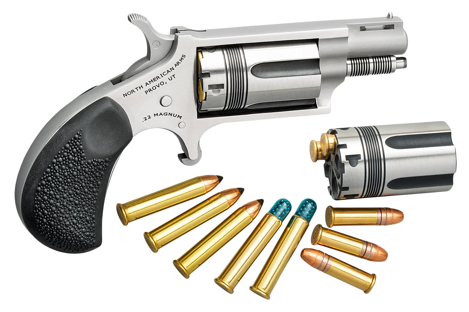 North American Arms 22MSCTW Wasp 22 LR 22 WMR 5 Shot 1.13" Stainless Steel Vent Rib Barrel, Stainless Frame & Cylinder, Black Pebbled Rubber Grip, Exposed Hammer
