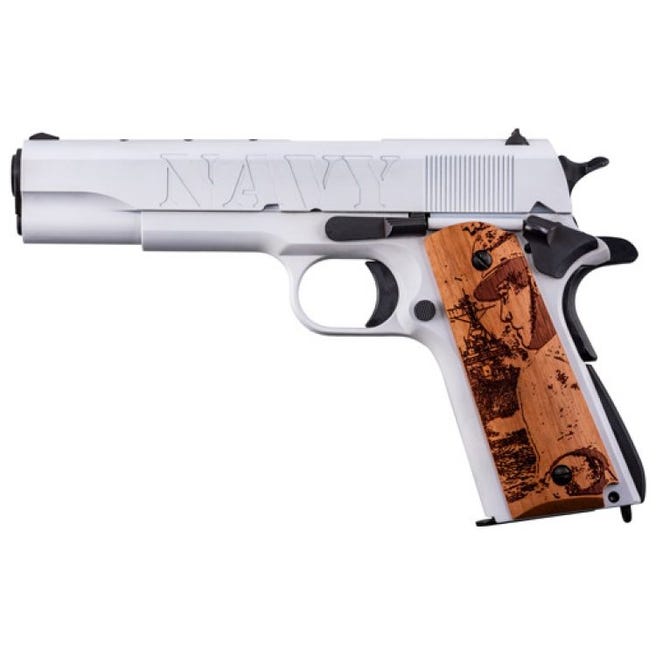 1911 Navy 250th, "Salute to Service", .45 ACP, 5", White, Black, Gold, Eng HW Grips, 7-rd - Image 4