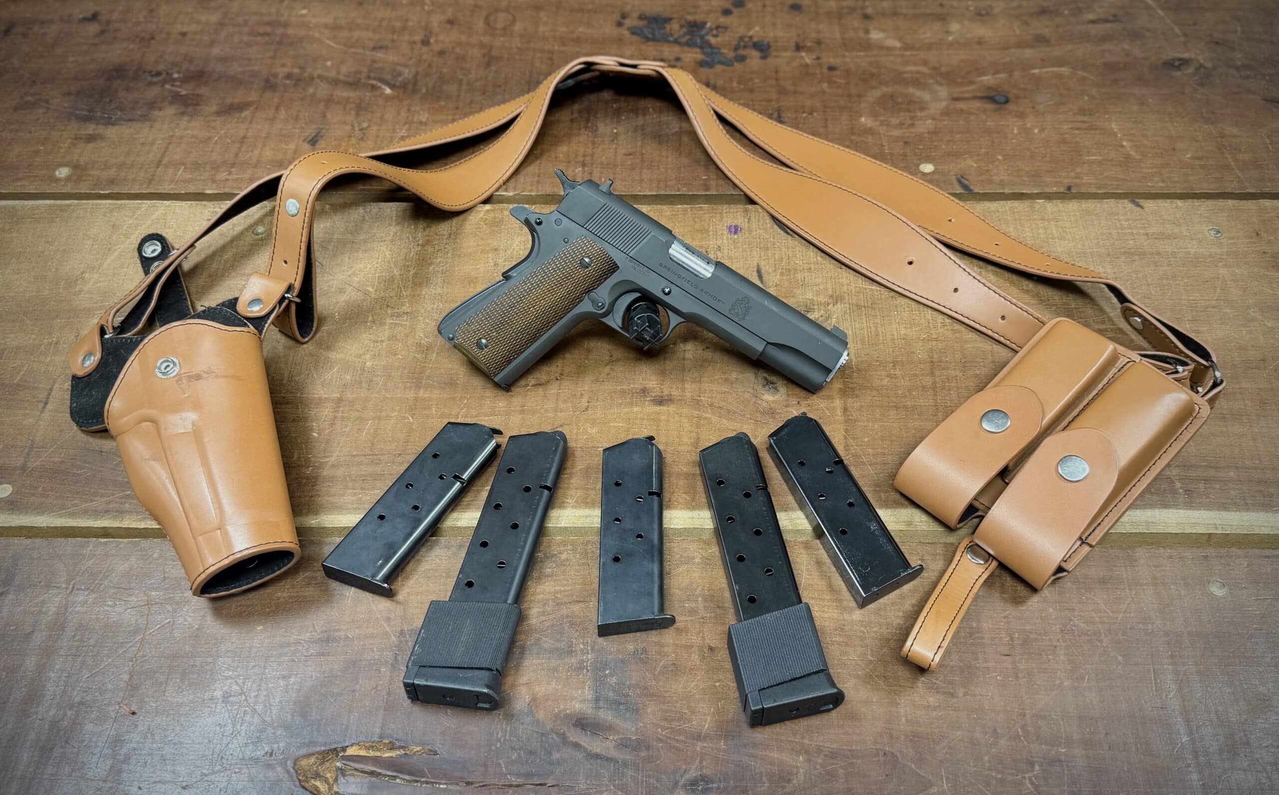 PREOWNED SPRINGFIELD 1911 MILSPEC WITH SHOULDER HOLSTER AND 6 MAGAZINES