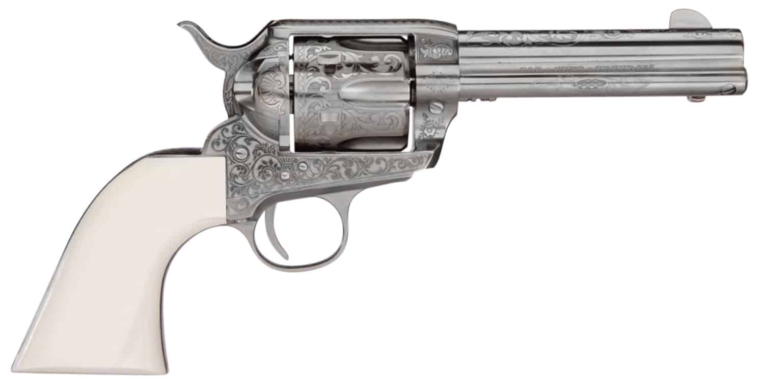 Taylors & Company 200057 1873 Cattleman Outlaw Legacy 45 Colt (LC) Caliber with 4.75" Barrel, 6rd Capacity Cylinder, Overall Nickel Engraved Finish Steel & Ivory Synthetic Grip