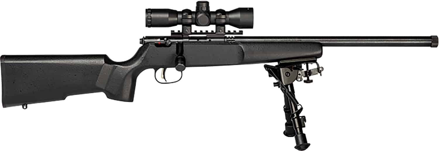 Savage Arms 13824 Rascal Target XP Youth 22 LR 1rd 16.13" Black Satin Heavy Threaded Barrel, Satin Black Drilled & Tapped Carbon Steel Receiver, Matte Black Fixed Wood Stock, 4x32mm Scope & Bipod, Rig
