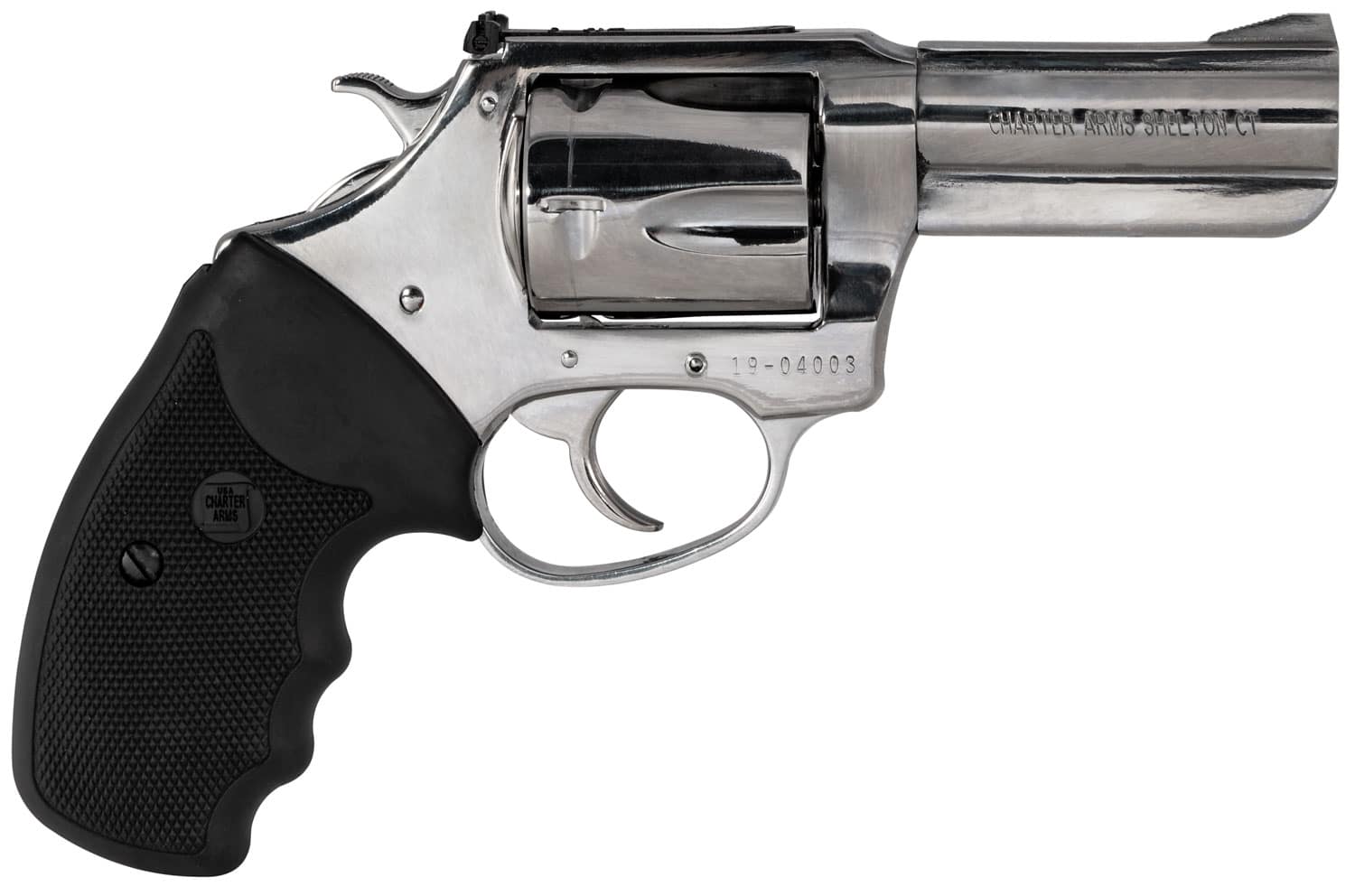 Charter Arms 73539 Mag Pug Large 357 Mag, 5 Shot 3" High Polished Stainless Steel Barrel, Cylinder & Frame w/Black Finger Grooved Rubber Grip
