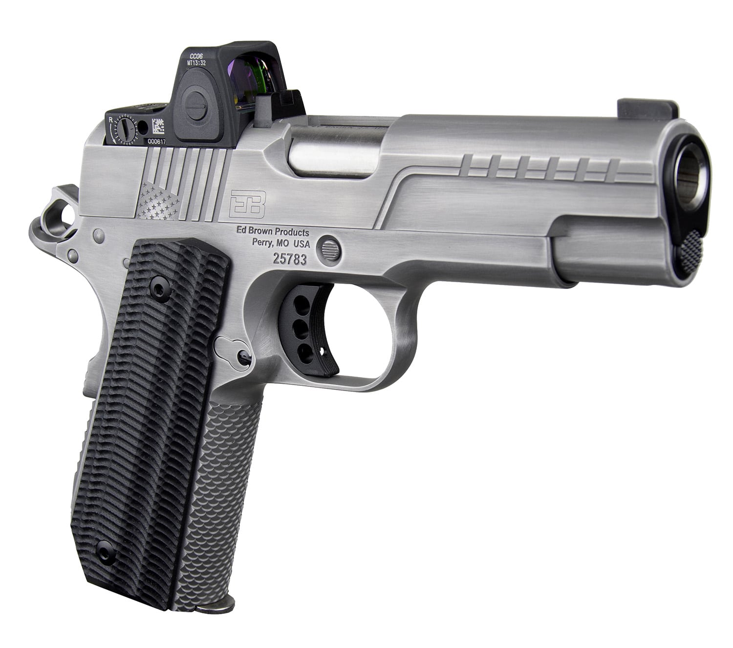 Ed Brown FX2SS FX2 45 ACP 7+1 4.25" Recessed Crown Barrel, Stainless Steel Engraved American Flag/Serrated Slide, Stainless Steel Frame, Trijicon RMRcc 3.25 MOA Sight