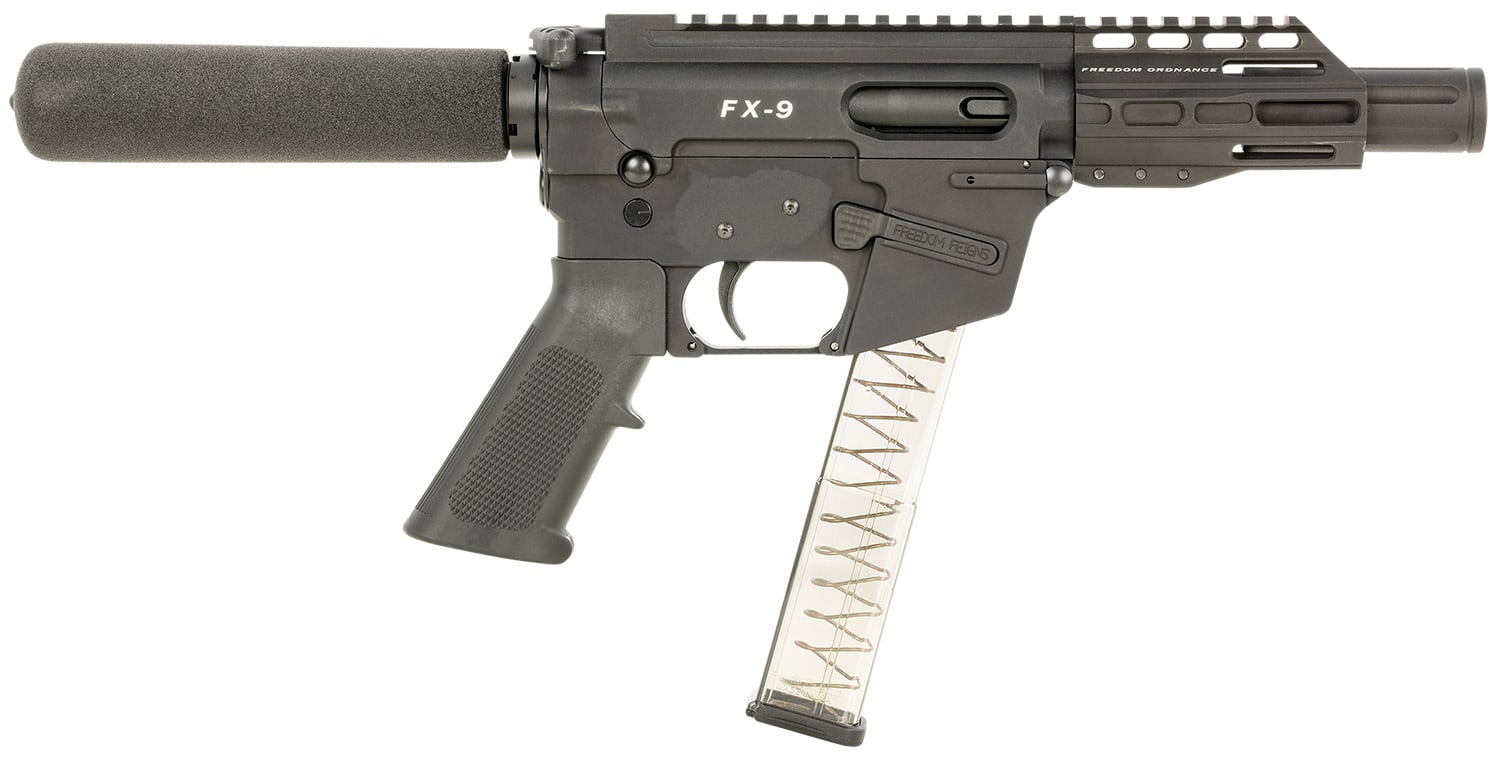 FREEDOM ORDNANCE FX9P4T FX-9 9mm Luger 32+1 4", Black, M-LOK Handguard, Padded Buffer Tube, A2 Grip, 3" Faux Suppressor, Includes Sling