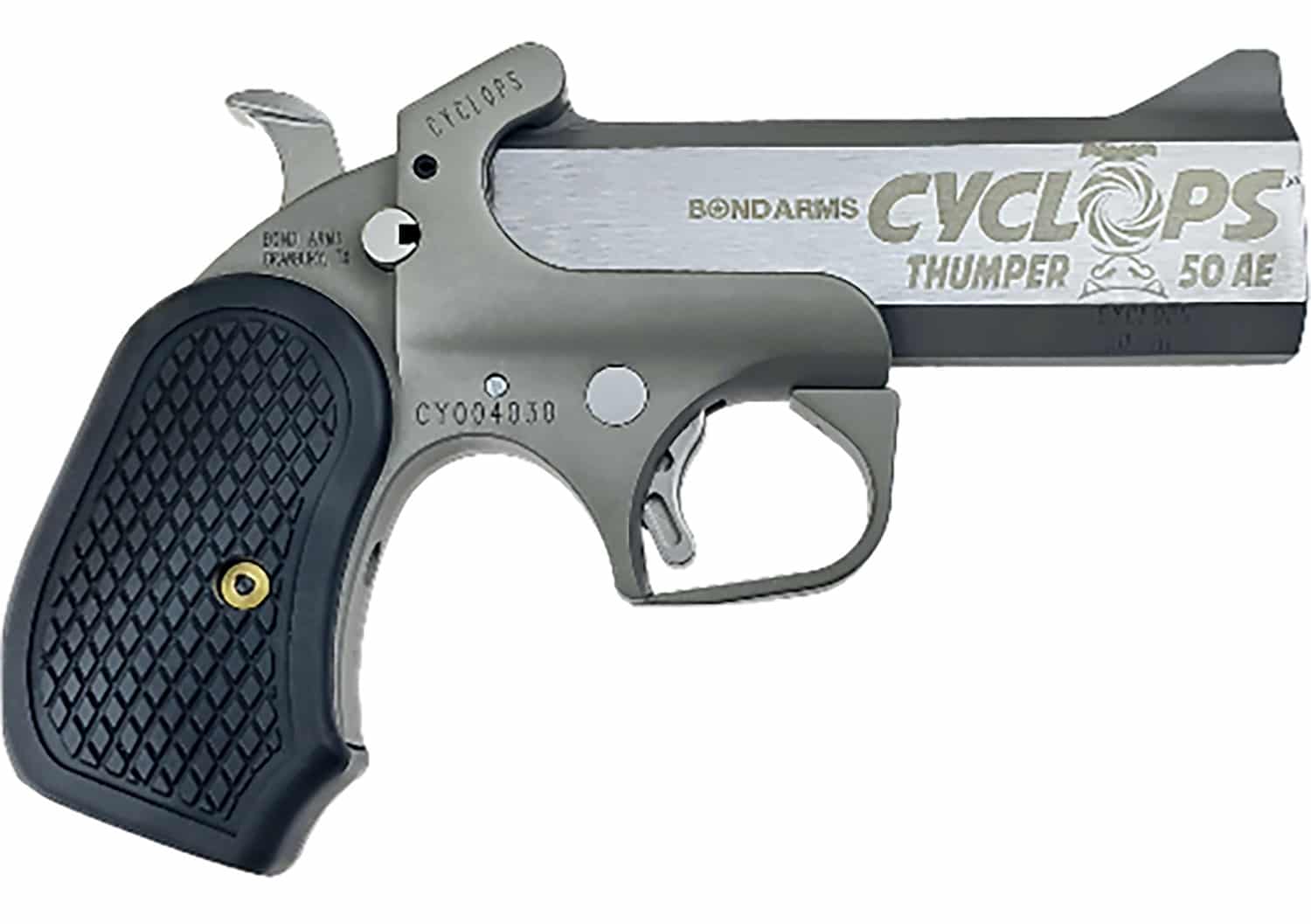 Bond Arms BACY Cyclops Big Bore 50 AE 1 Shot 4.25" Black/SS Stainless Steel Barrel Black Rough & Tumble Stainless Steel Frame Black Extended B6 Resin Grips Right Hand