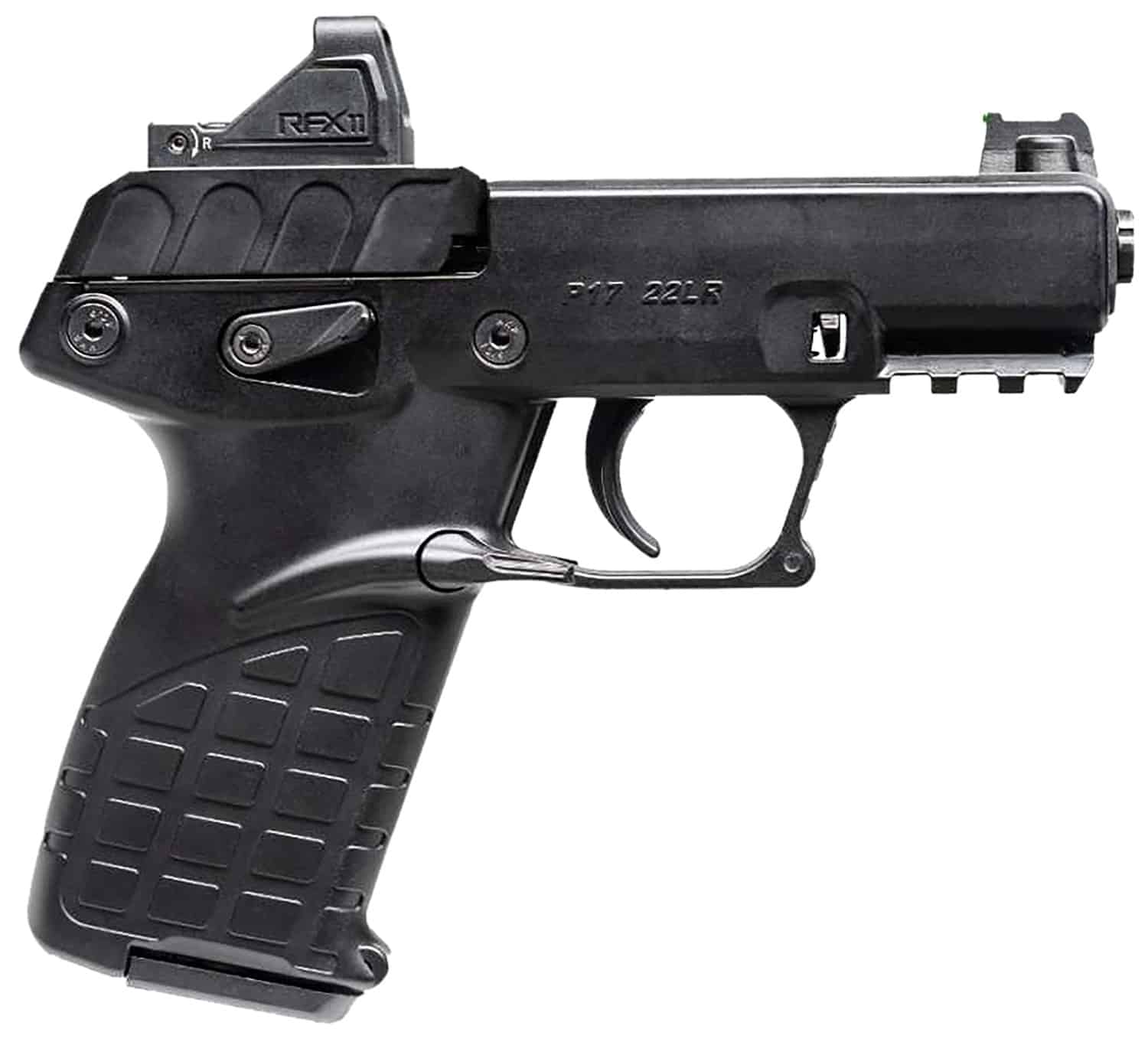 Kel-Tec P17BBLKOPTIC P17 Compact Frame 22 LR 16+1 3.80" Black Steel Barrel, Black Serrated Steel Slide, Black Polymer Frame w/Picatinny Rail, Textured Grip, Viridian RFX-11 Green Dot, Ambidextrous