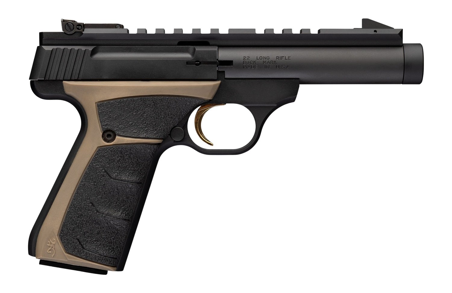 Browning 051614490 Buck Mark Field Target 22 LR 10+1 4.40" Matte Black Bull Threaded Barrel, Picatinny Rail Receiver, Matte Black FDE w/Black Overmold Grip