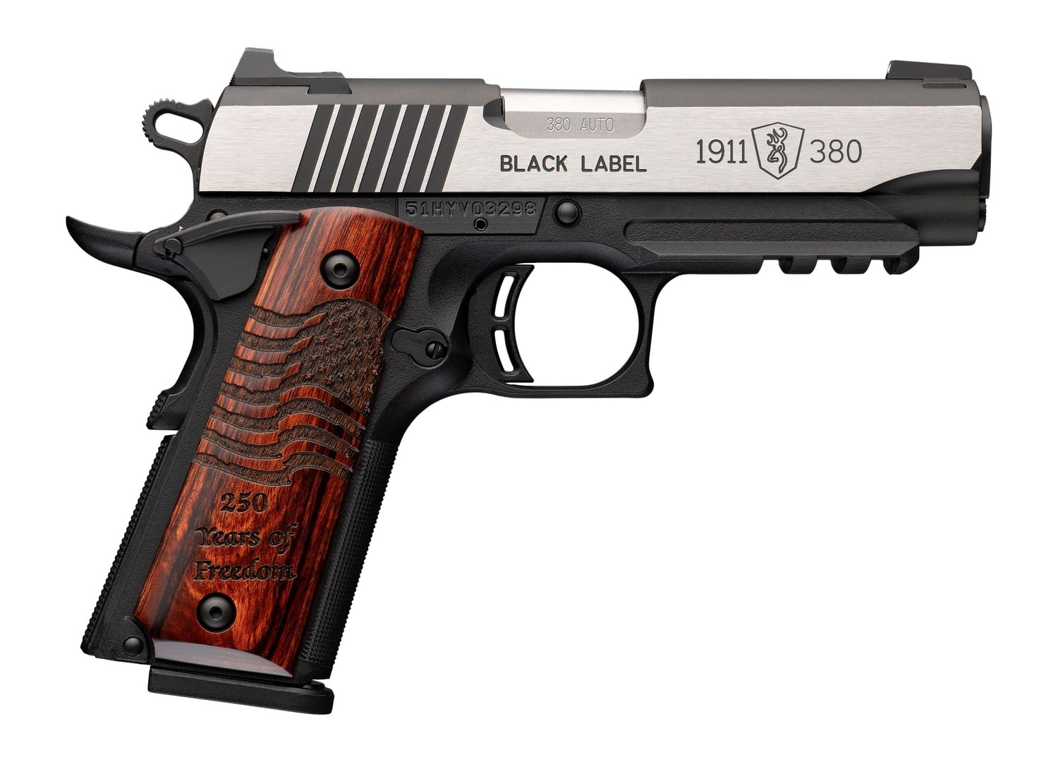 Browning 051125492 1911 Black Label Medallion 250 Compact 380 ACP 8+1 3.63" Matte Stainless Barrel & Blackened w/Silver Polished Flats Serrated Slide, Matte Black Polymer Frame w/Beavertail & Picatin