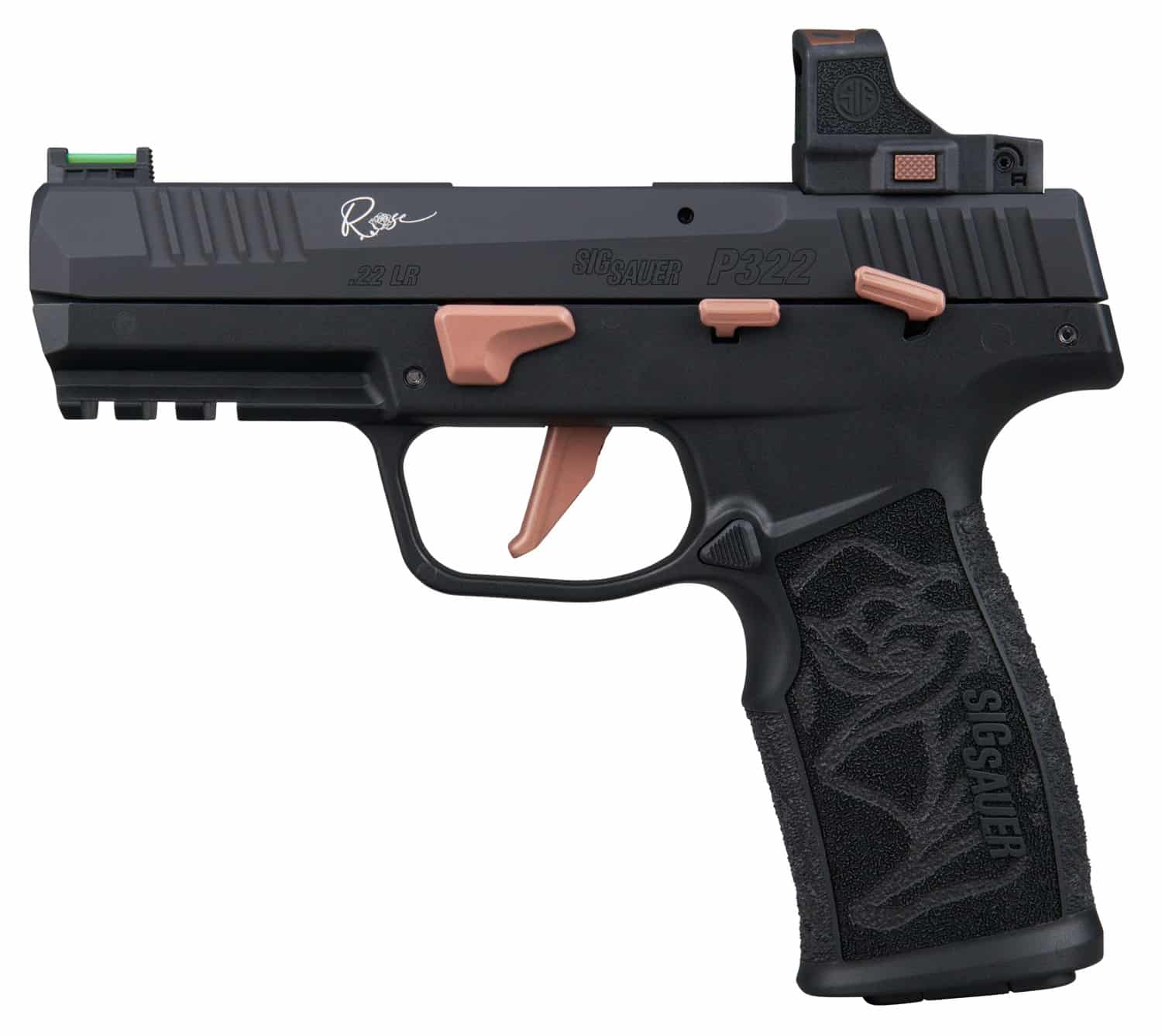 Sig Sauer 322CROSERS P322 Rose w/Optic 22 LR 20+1 4" Black Barrel, Black Anodized Serrated w/Optic Slide, Black Stainless Steel Frame w/Picatinny Rail, Rose Laser Engraved Black Polymer Grip, Sig ROME