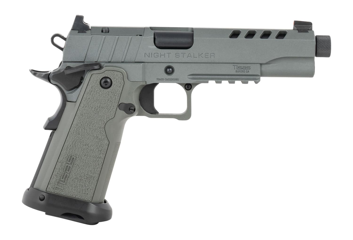 Tisas Arms 12500006 1911 Night Stalker 9mm Luger 17+1 5.30" Threaded Barrel, Gray Cerakote Carbon Steel Optic Cut/Serrated Slide & Frame w/Picatinny Rail, Polymer Grip
