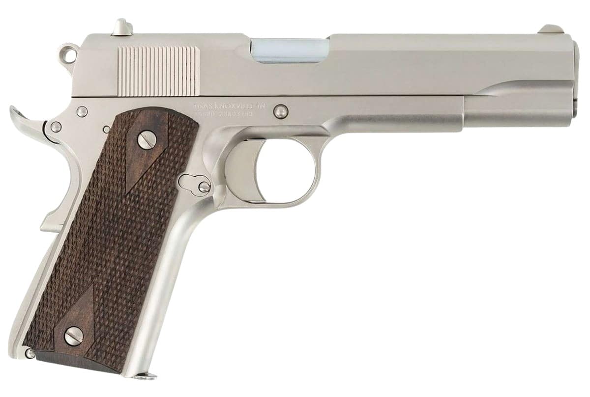 Tisas Arms 10100562 1911 A1 Stakeout 9mm Luger 38 Super 5" Stainless Steel Barrel, Nickel Carbon Steel Serrated Slide & Frame w/Beavertail, Walnut Grip